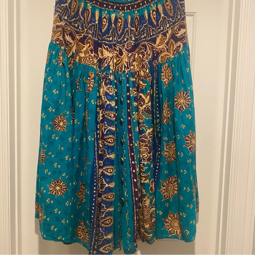 Vintage Howard Wolf Maxi full bohemian turquoise & gold skirt